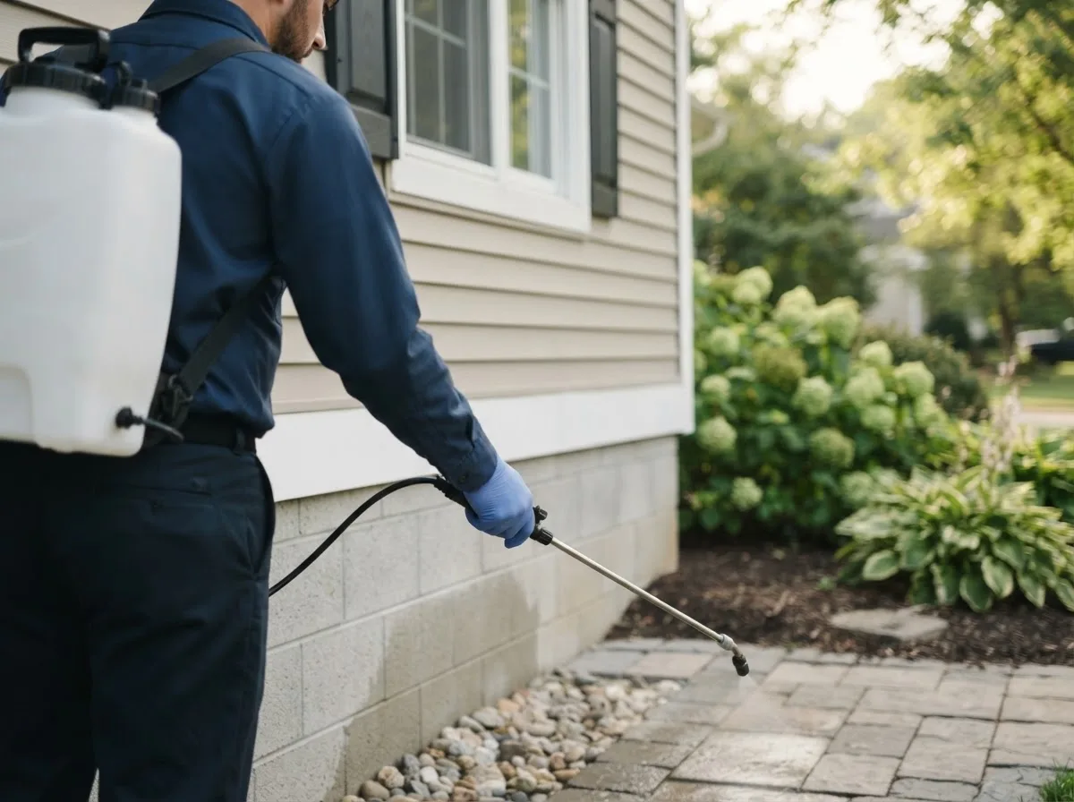 Pest control technician inspecting a home in Highland, MI
